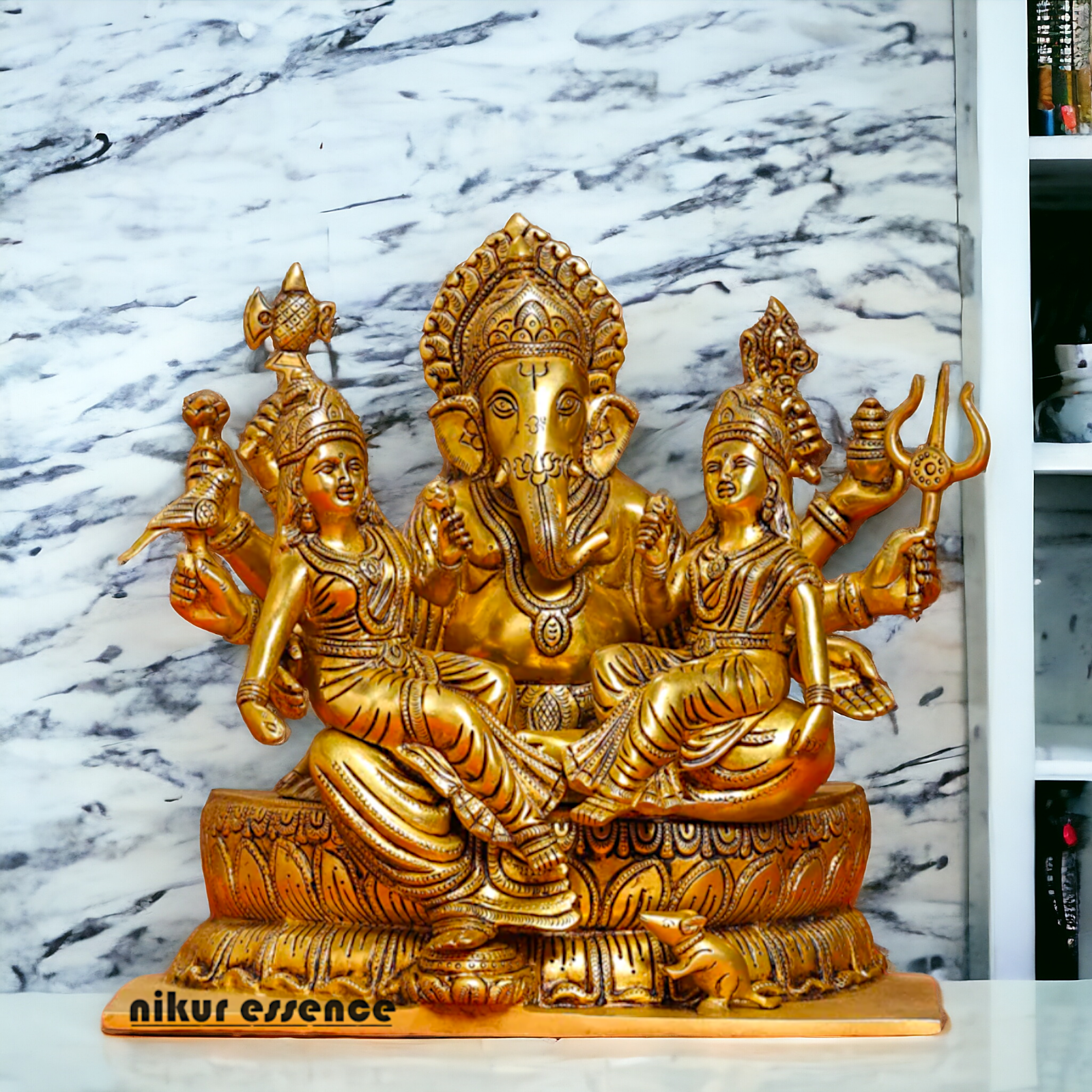 Brass Ganesh with Riddhi-Siddhi Idol , 30.5 cm Tall , Traditional Hindu Deity Sculpture for Prosperity, Wisdom, and Success Idols Nikuressence