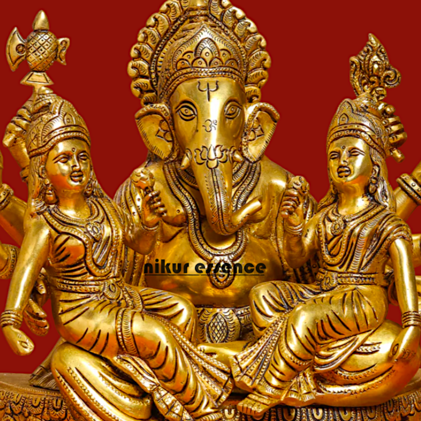 Brass Ganesh with Riddhi-Siddhi Idol , 30.5 cm Tall , Traditional Hindu Deity Sculpture for Prosperity, Wisdom, and Success Idols Nikuressence