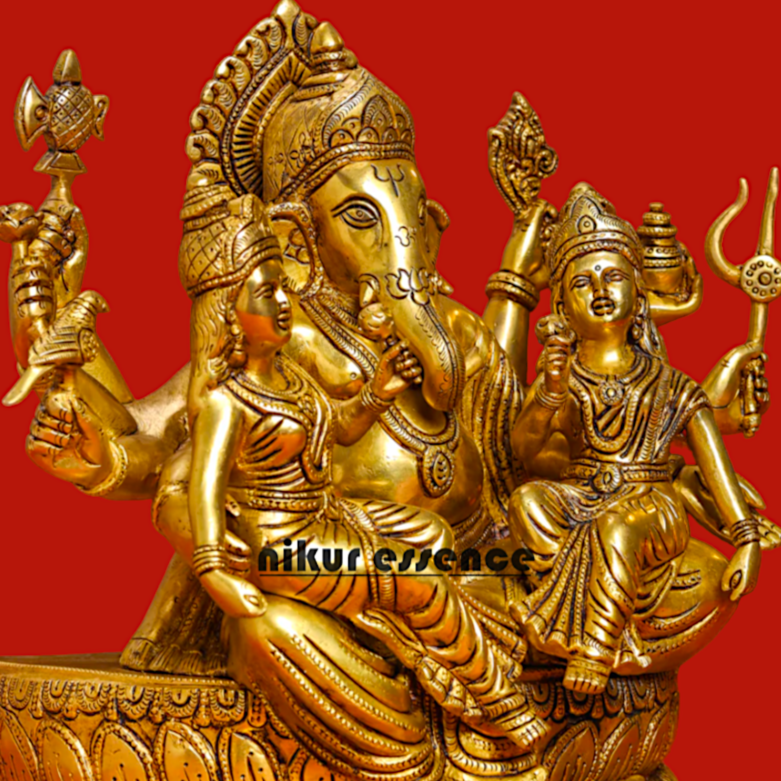 Brass Ganesh with Riddhi-Siddhi Idol , 30.5 cm Tall , Traditional Hindu Deity Sculpture for Prosperity, Wisdom, and Success Idols Nikuressence