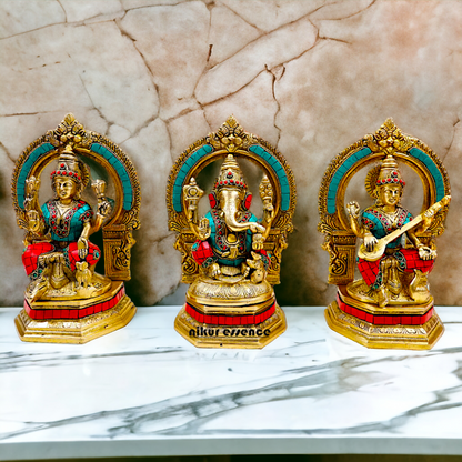 Brass Ganesha Lakshmi Saraswati Statues with stone Work -24.5CM