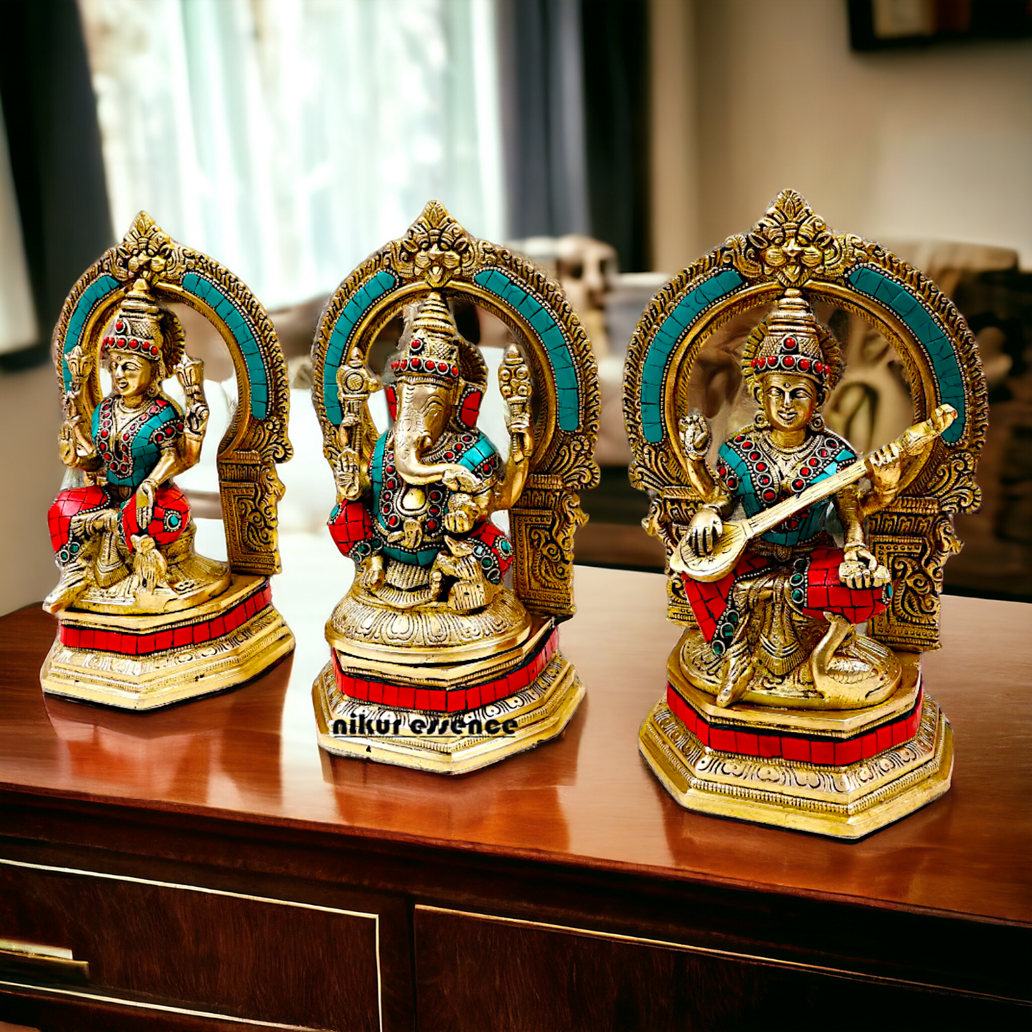 Brass Ganesha Lakshmi Saraswati Statues with stone Work -24.5CM