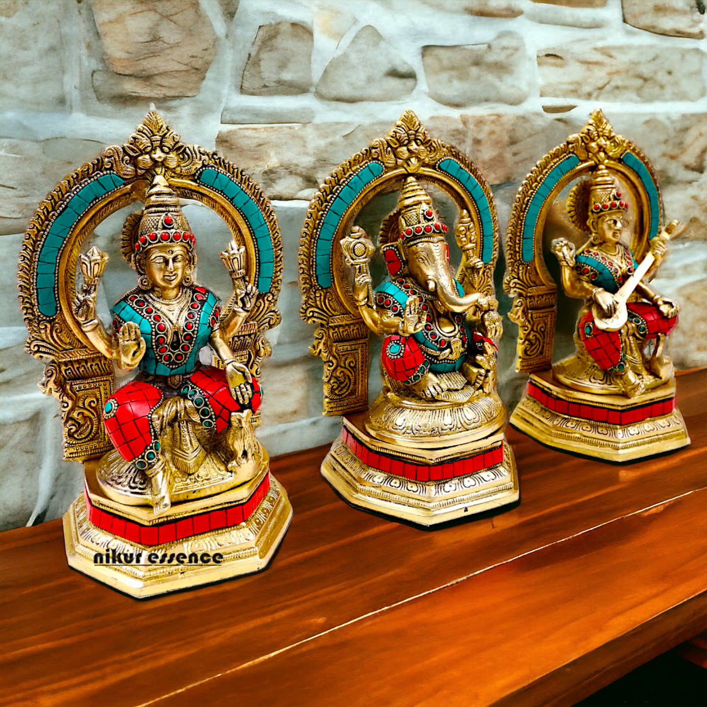 Brass Ganesha Lakshmi Saraswati Statues with stone Work -24.5CM