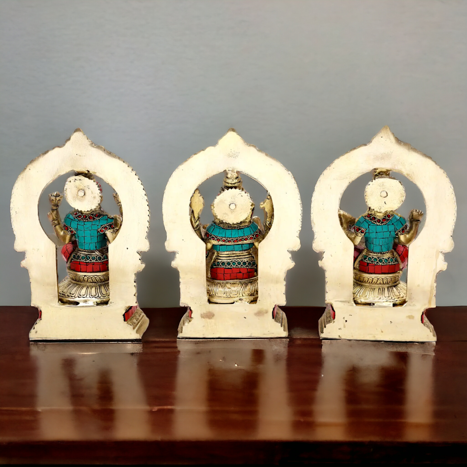 Brass Ganesha Lakshmi Saraswati Statues with stone Work -24.5CM