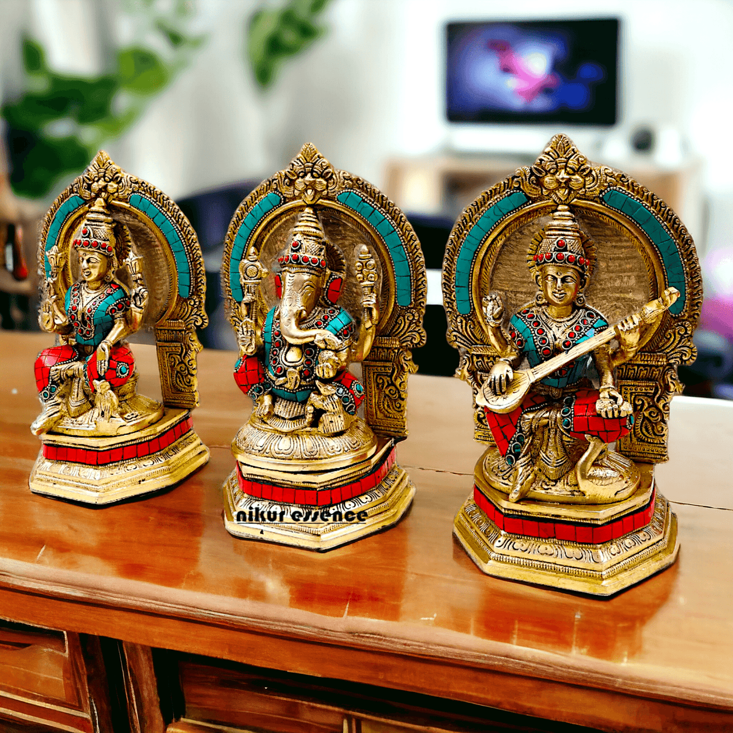 Brass Ganesha Lakshmi Saraswati Statues with stone Work -24.5CM