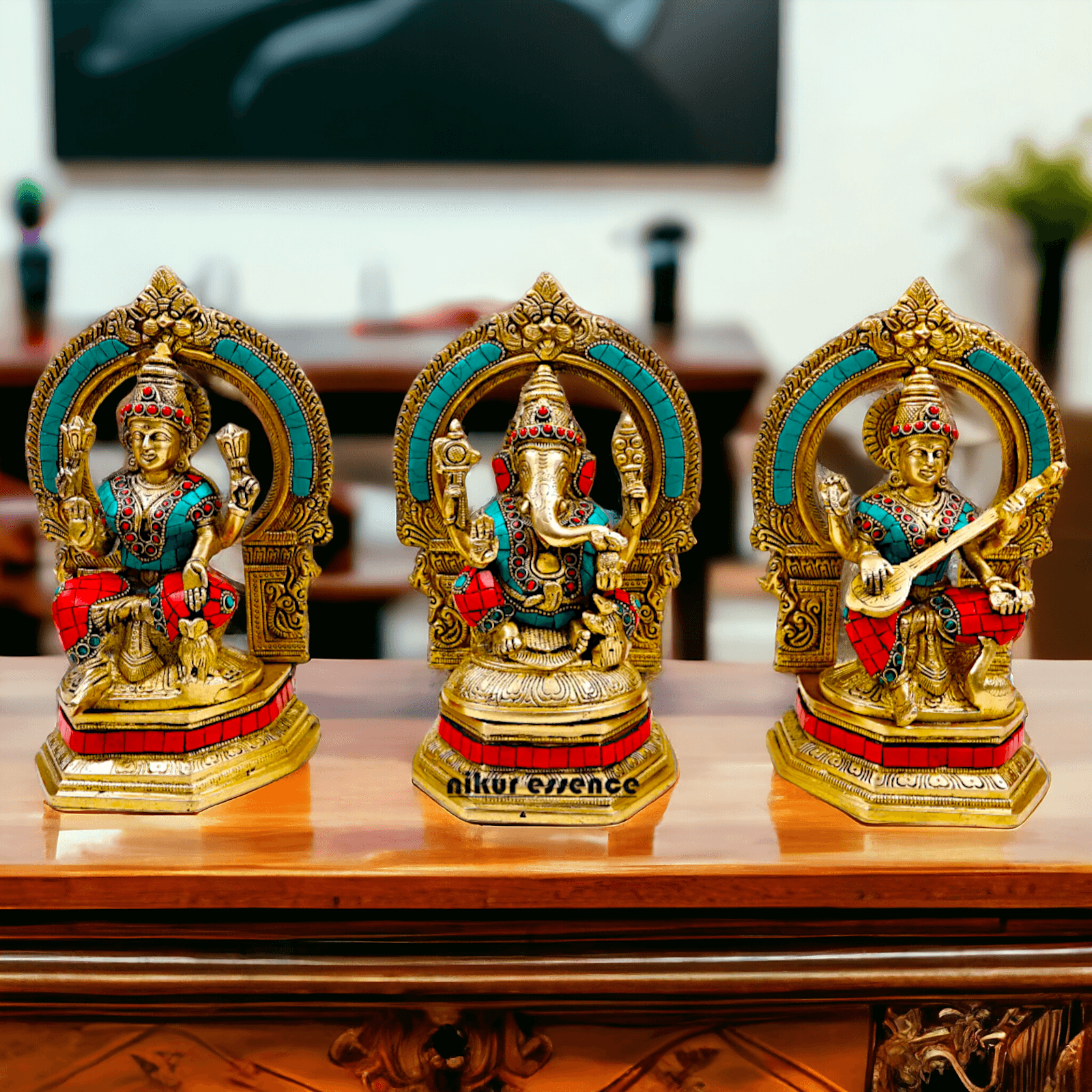 Brass Ganesha Lakshmi Saraswati Statues with stone Work -24.5CM