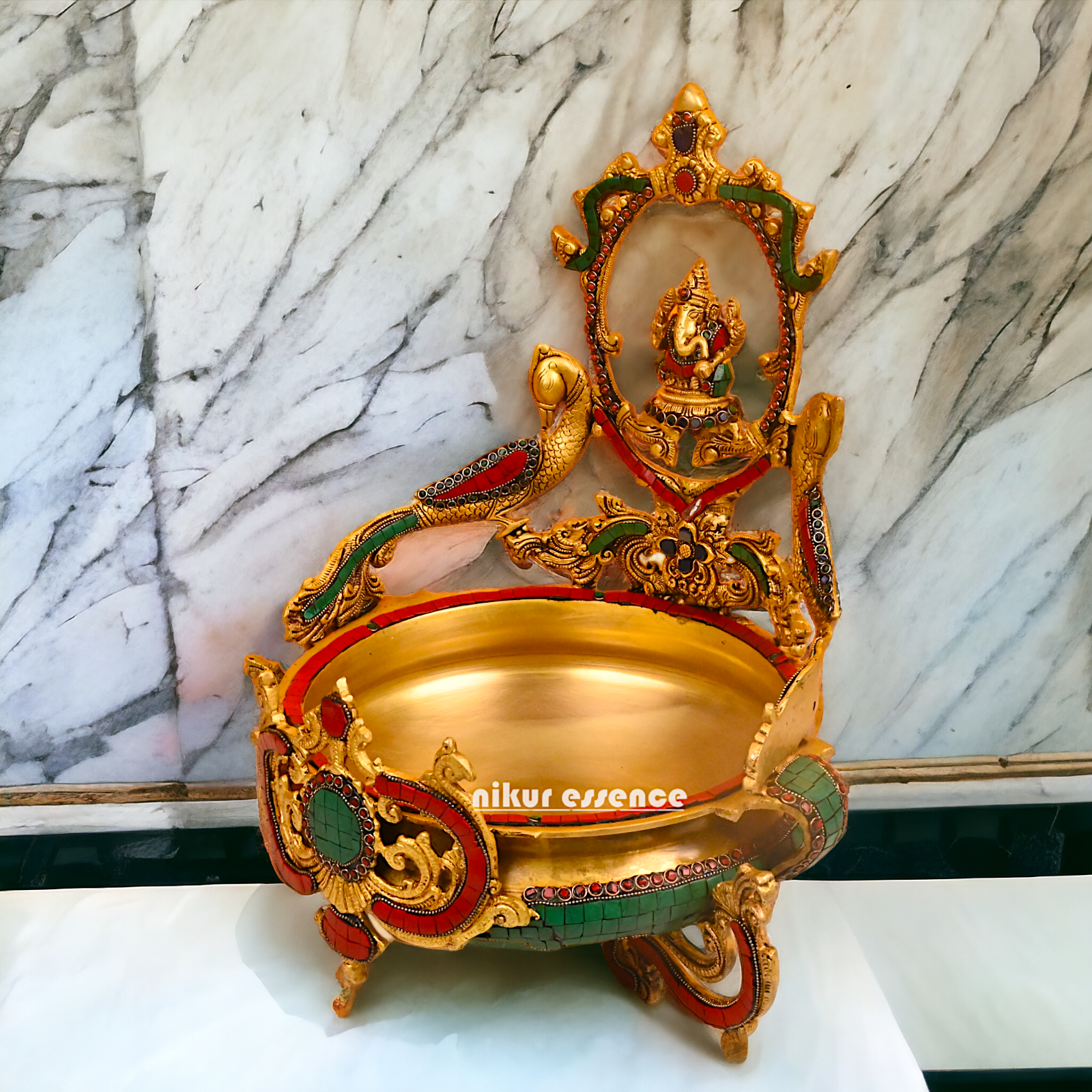 Buy Ganesha Urli with Peacock Detailing - Handcrafted Indian Decorative Bowl for Spiritual Bliss and Aesthetic Elegance