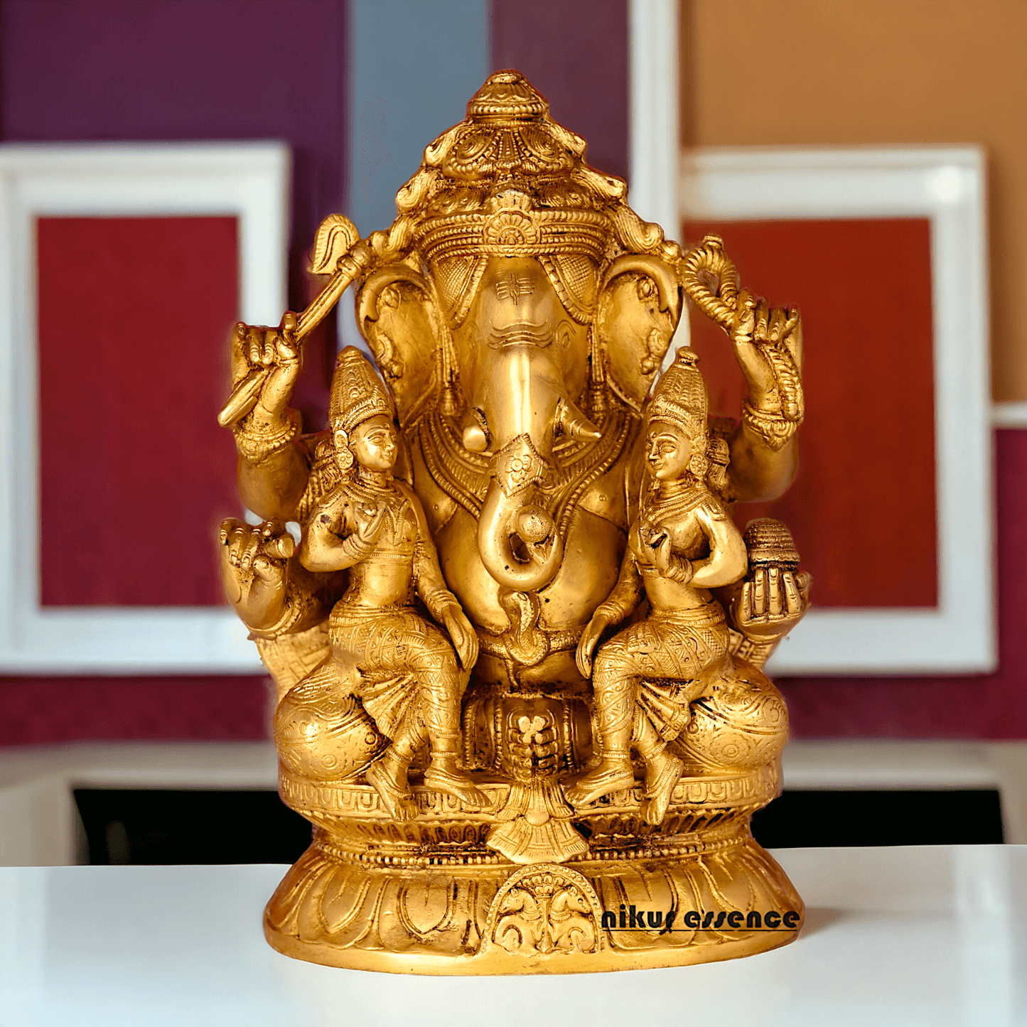 Ganesha Brass Statue with Riddhi Siddhi - 12.5 Inch