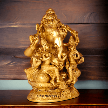 Ganesha Brass Statue with Riddhi Siddhi - 12.5 Inch