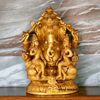 Ganesha Brass Statue with Riddhi Siddhi - 12.5 Inch