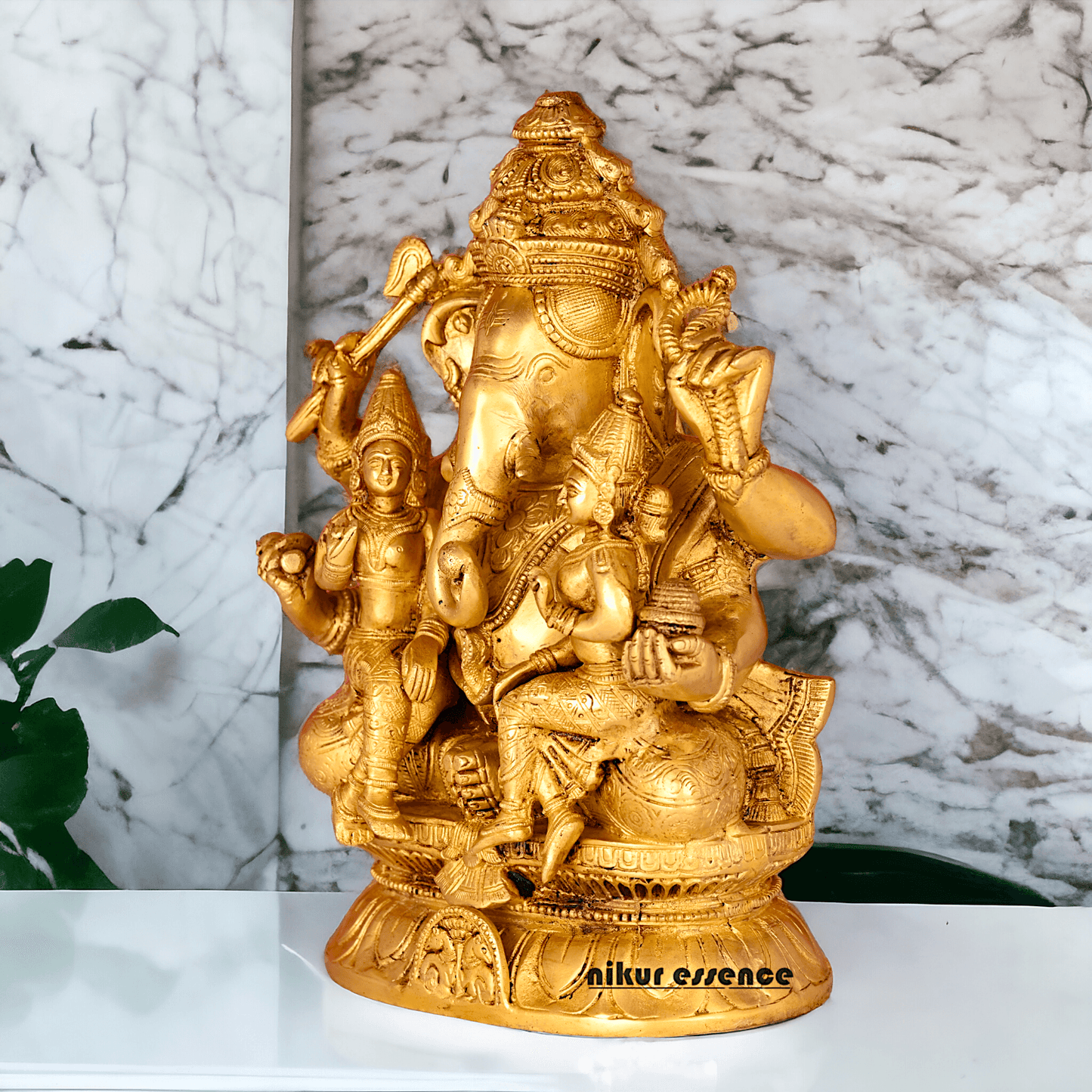 Ganesha Brass Statue with Riddhi Siddhi - 12.5 Inch