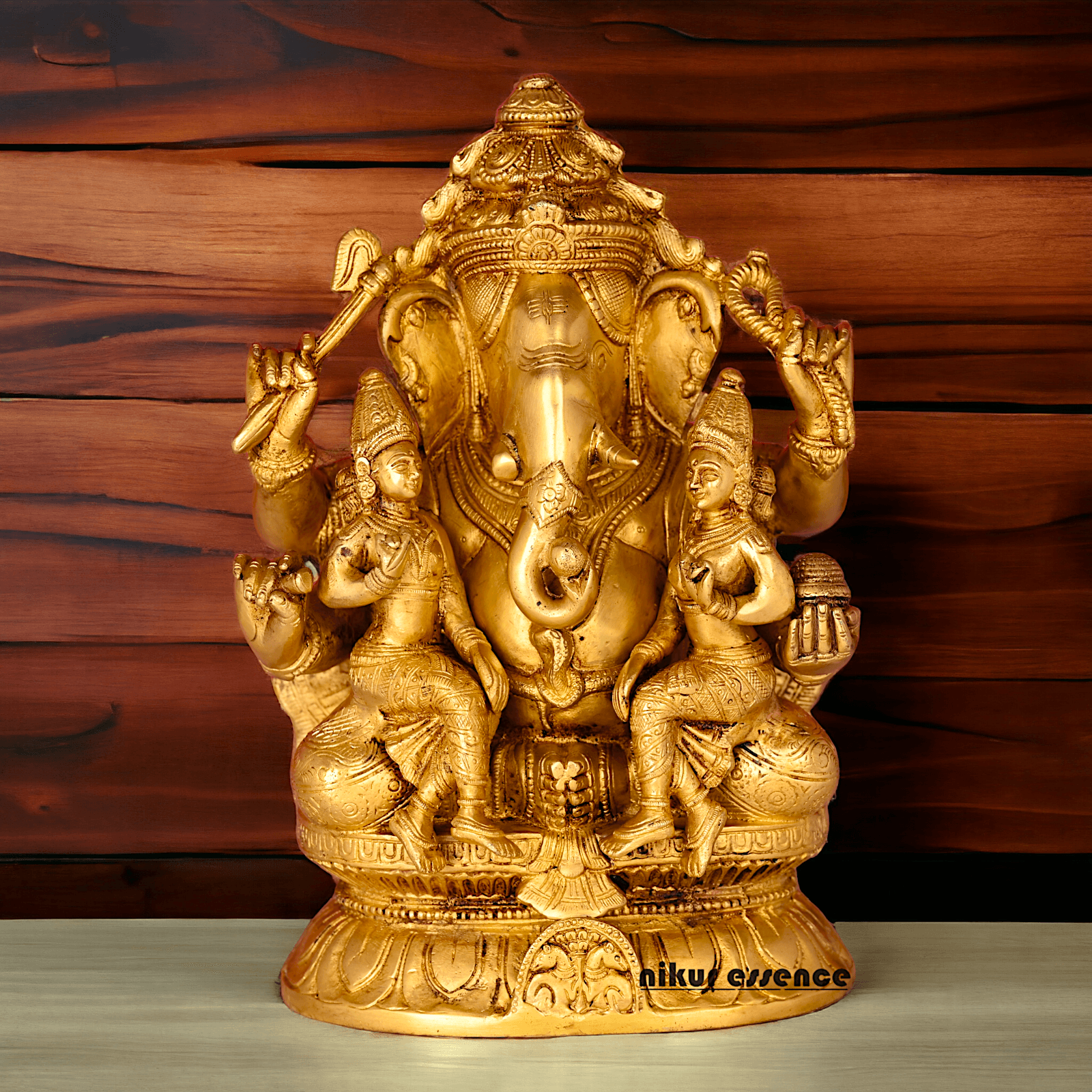 Ganesha Brass Statue with Riddhi Siddhi - 12.5 Inch