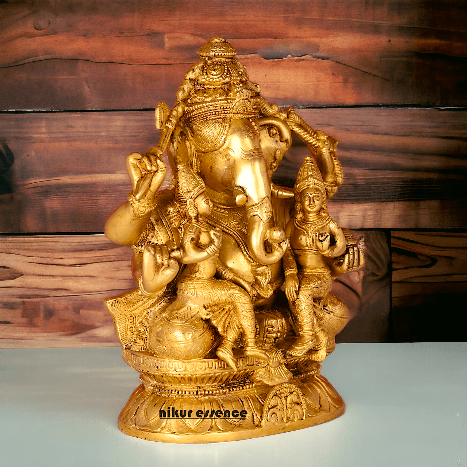 Ganesha Brass Statue with Riddhi Siddhi - 12.5 Inch