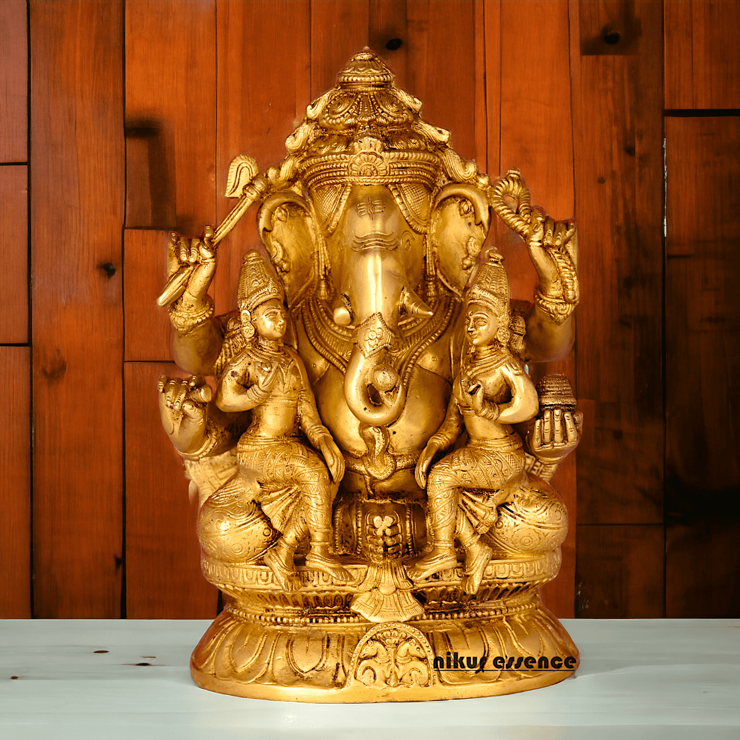 Ganesha Brass Statue with Riddhi Siddhi - 12.5 Inch