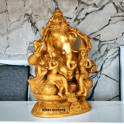 Ganesha Brass Statue with Riddhi Siddhi - 12.5 Inch