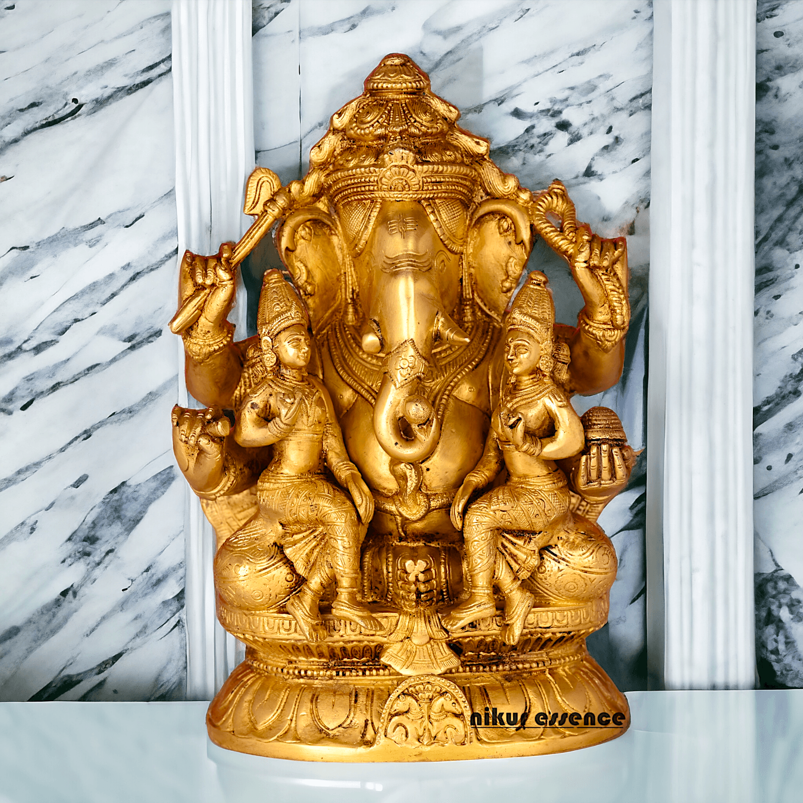 Ganesha Brass Statue with Riddhi Siddhi - 12.5 Inch