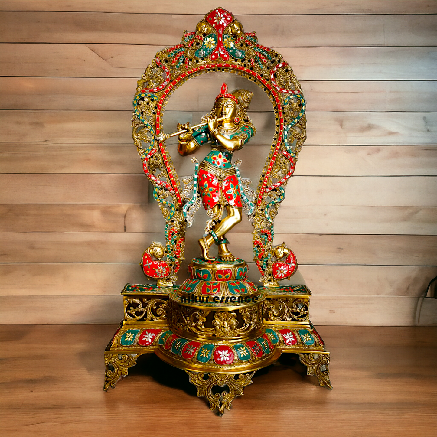 Murli Manohar Krishna Idol on Ornate Pedestal with Intricate Peacock Prabhavali Inlay - Exquisite Brass Statue Idols Nikuressence