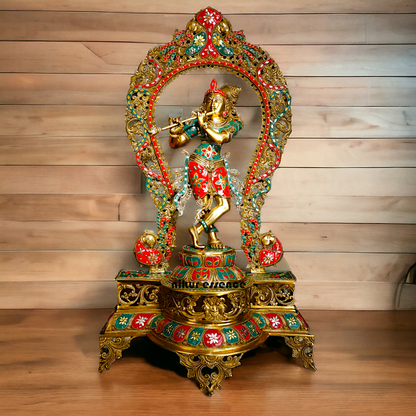 Murli Manohar Krishna Idol on Ornate Pedestal with Intricate Peacock Prabhavali Inlay - Exquisite Brass Statue Idols Nikuressence