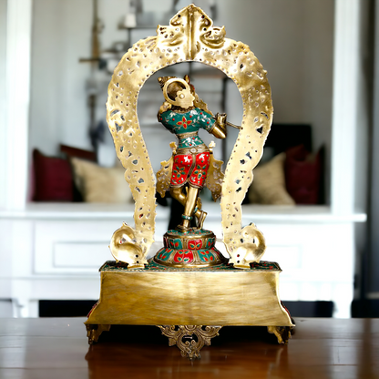 Murli Manohar Krishna Idol on Ornate Pedestal with Intricate Peacock Prabhavali Inlay - Exquisite Brass Statue Idols Nikuressence