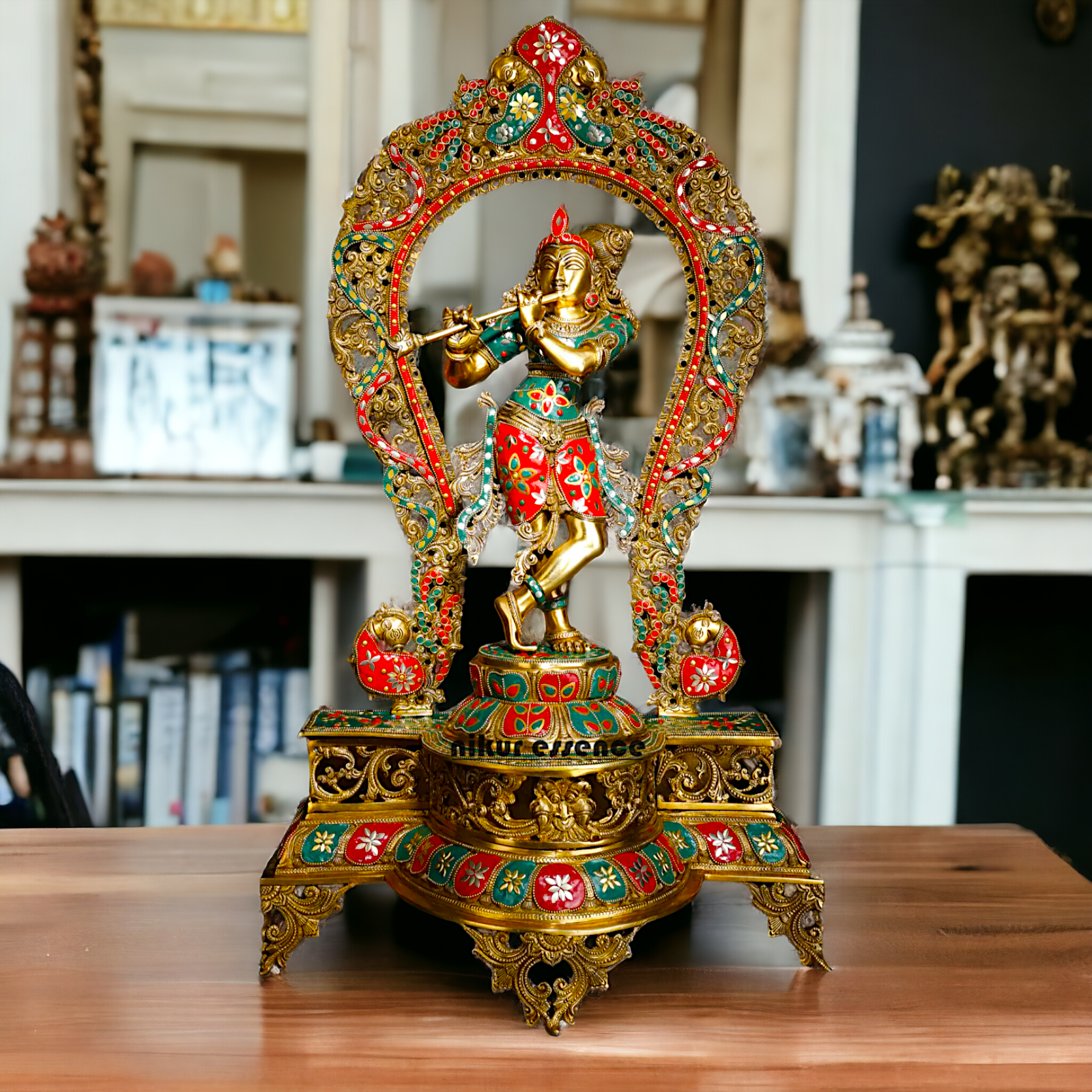 Murli Manohar Krishna Idol on Ornate Pedestal with Intricate Peacock Prabhavali Inlay - Exquisite Brass Statue Idols Nikuressence