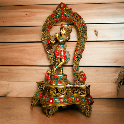 Murli Manohar Krishna Idol on Ornate Pedestal with Intricate Peacock Prabhavali Inlay - Exquisite Brass Statue Idols Nikuressence