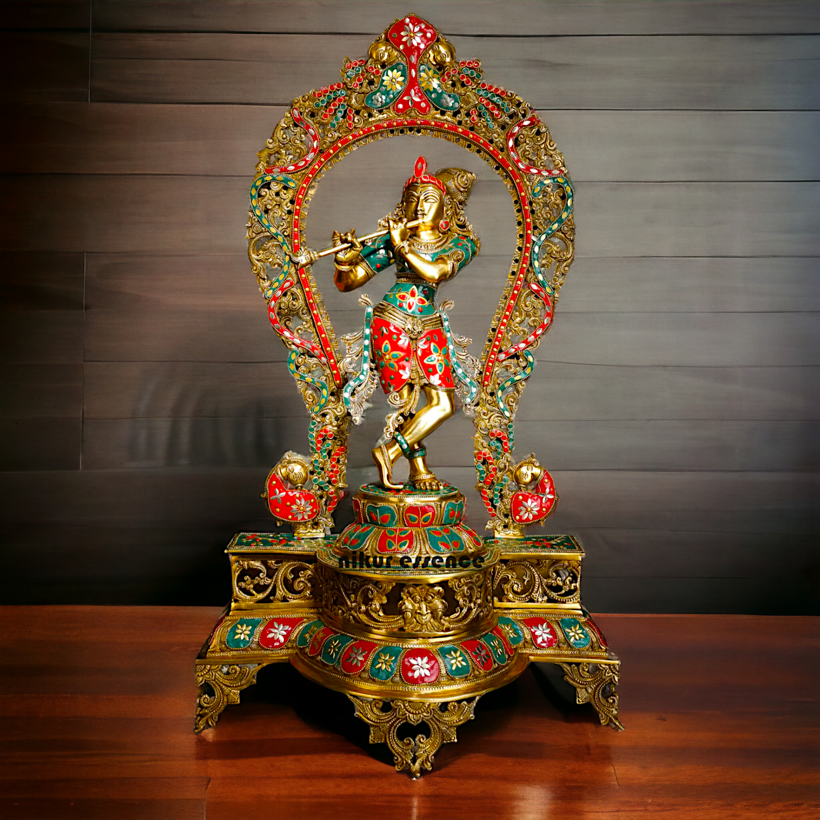 Murli Manohar Krishna Idol on Ornate Pedestal with Intricate Peacock Prabhavali Inlay - Exquisite Brass Statue Idols Nikuressence