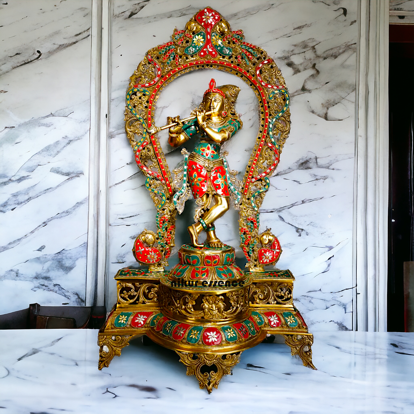 Murli Manohar Krishna Idol on Ornate Pedestal with Intricate Peacock Prabhavali Inlay - Exquisite Brass Statue Idols Nikuressence