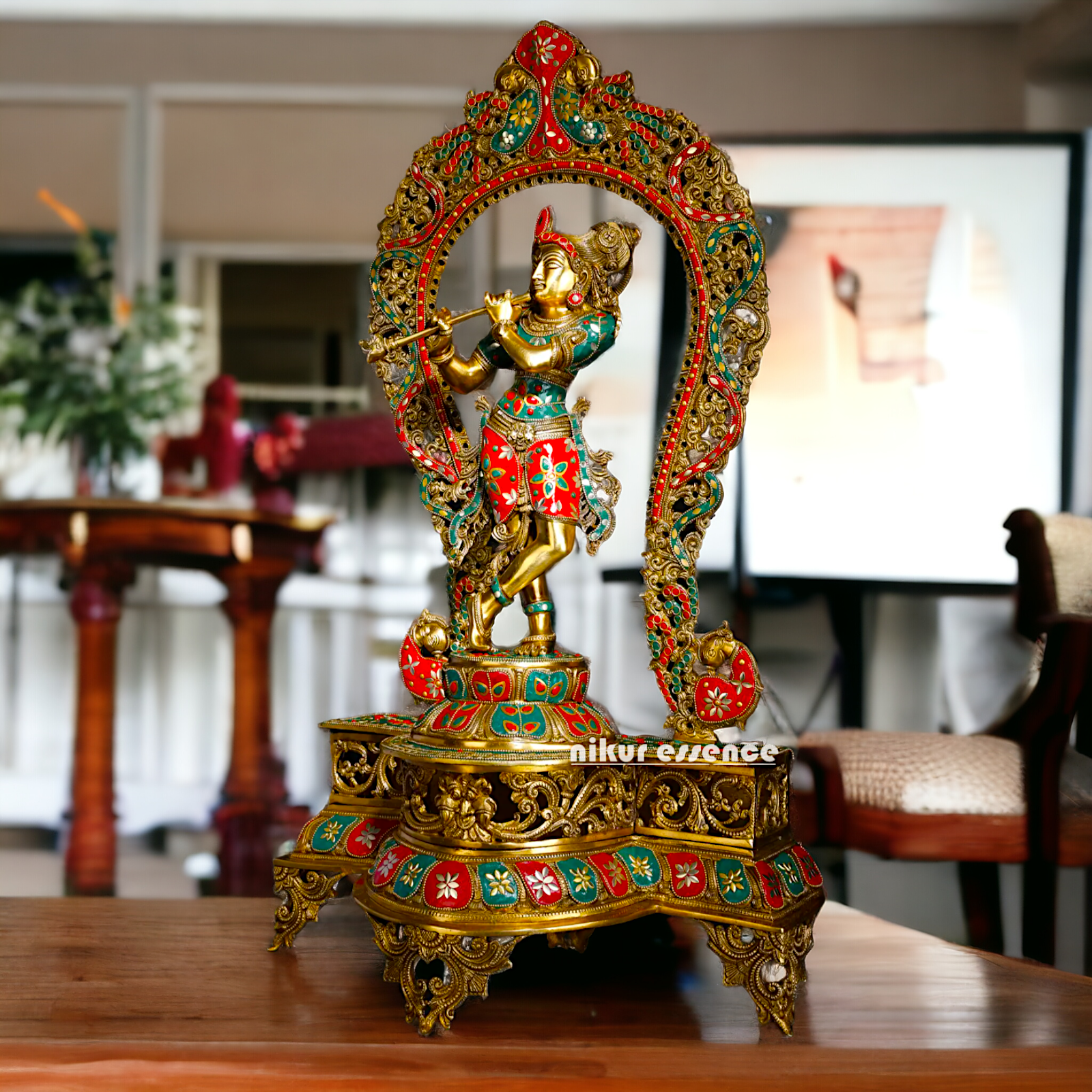 Murli Manohar Krishna Idol on Ornate Pedestal with Intricate Peacock Prabhavali Inlay - Exquisite Brass Statue Idols Nikuressence