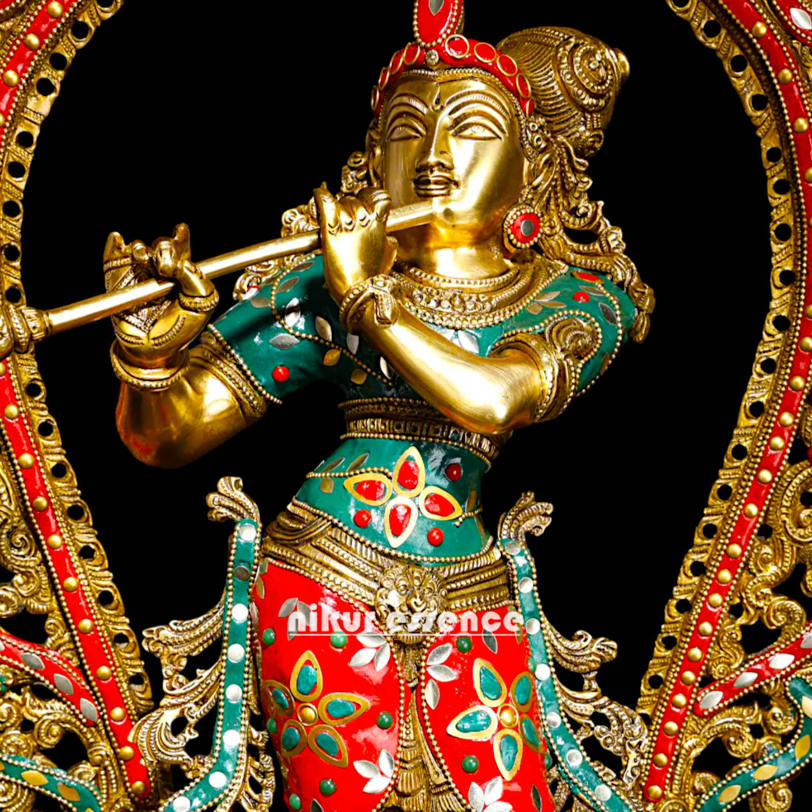 Murli Manohar Krishna Idol on Ornate Pedestal with Intricate Peacock Prabhavali Inlay - Exquisite Brass Statue Idols Nikuressence