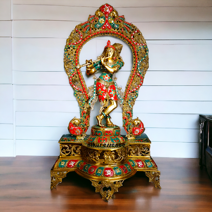 Murli Manohar Krishna Idol on Ornate Pedestal with Intricate Peacock Prabhavali Inlay - Exquisite Brass Statue Idols Nikuressence