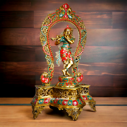 Murli Manohar Krishna Idol on Ornate Pedestal with Intricate Peacock Prabhavali Inlay - Exquisite Brass Statue Idols Nikuressence