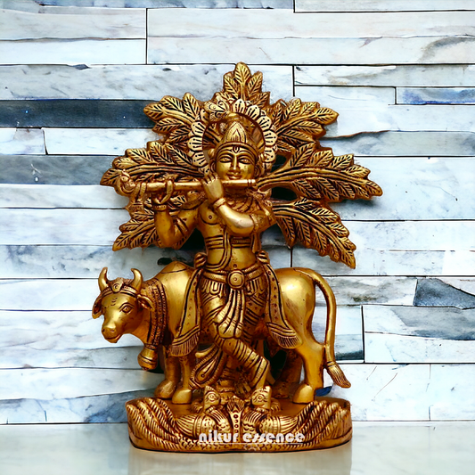 Brass Tree Cow Krishna Statue | Buy Brass Tree Cow Krishna Statue | 10 inch -nikuressence Idols Nikuressence