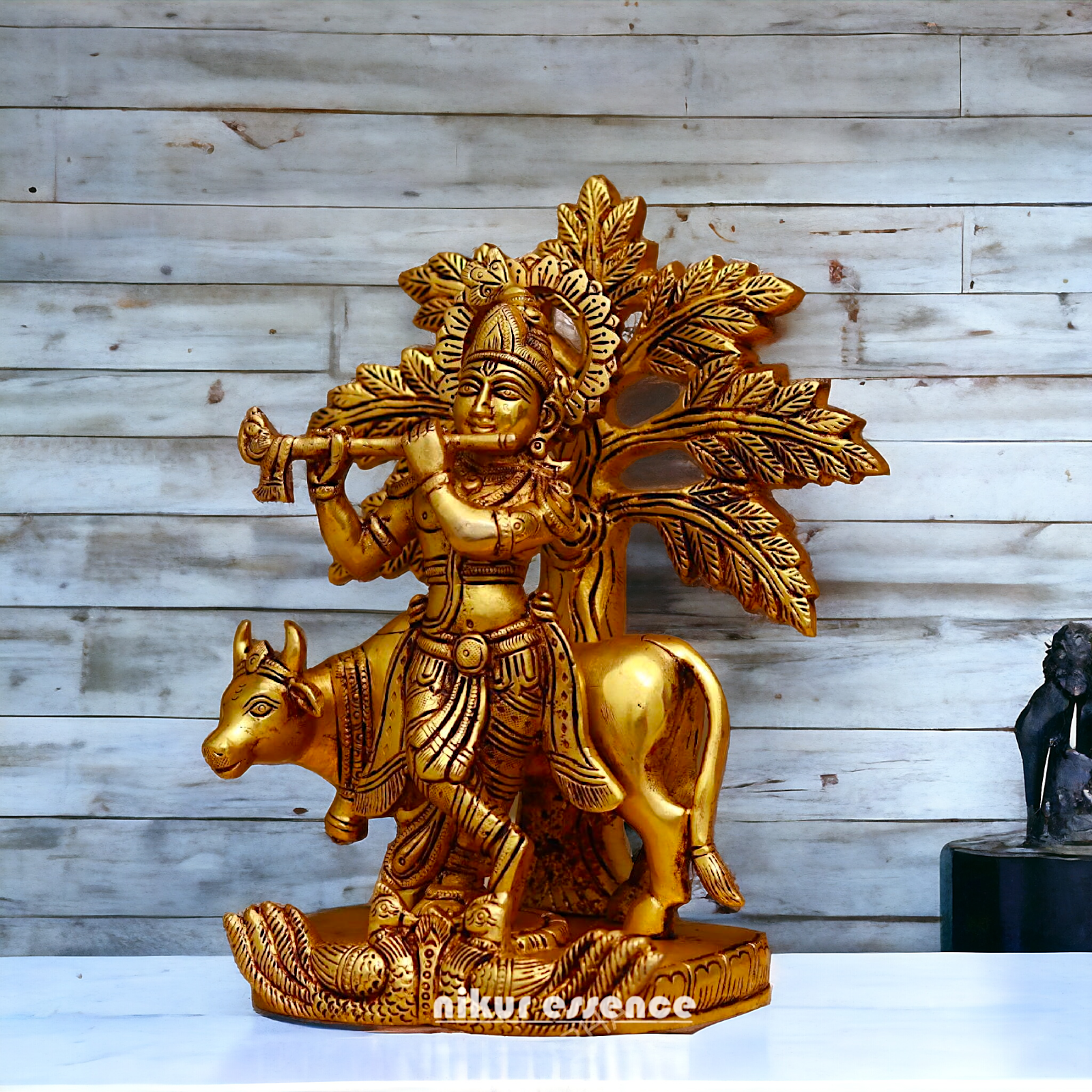 Brass Tree Cow Krishna Statue | Buy Brass Tree Cow Krishna Statue | 10 inch -nikuressence Idols Nikuressence