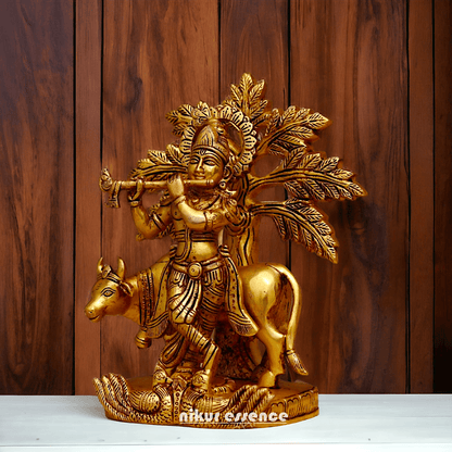 Brass Tree Cow Krishna Statue | Buy Brass Tree Cow Krishna Statue | 10 inch -nikuressence Idols Nikuressence