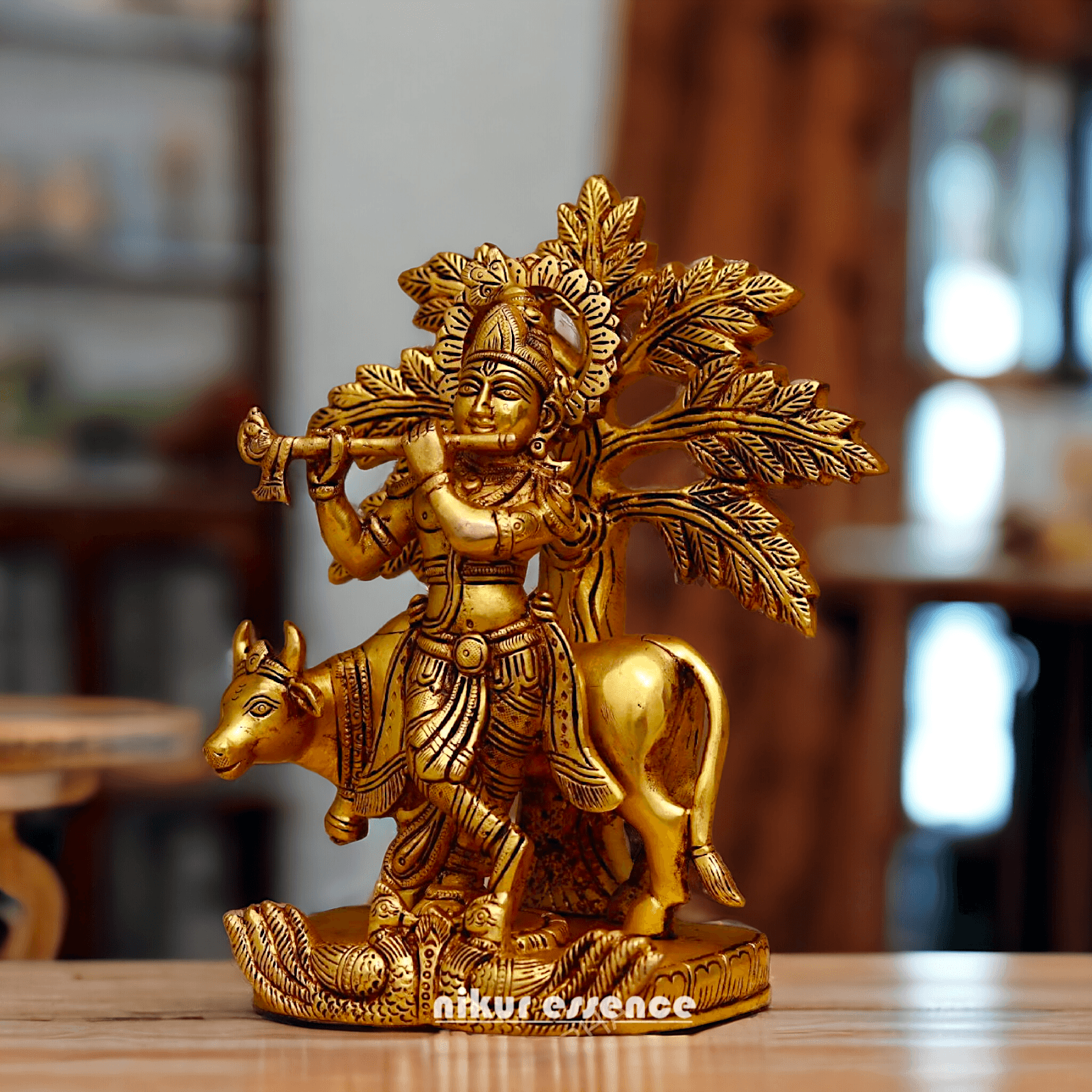 Brass Tree Cow Krishna Statue | Buy Brass Tree Cow Krishna Statue | 10 inch -nikuressence Idols Nikuressence