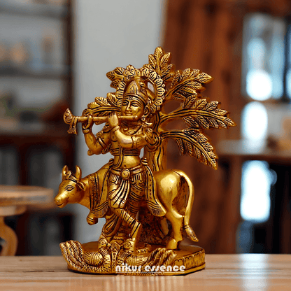 Brass Tree Cow Krishna Statue | Buy Brass Tree Cow Krishna Statue | 10 inch -nikuressence Idols Nikuressence