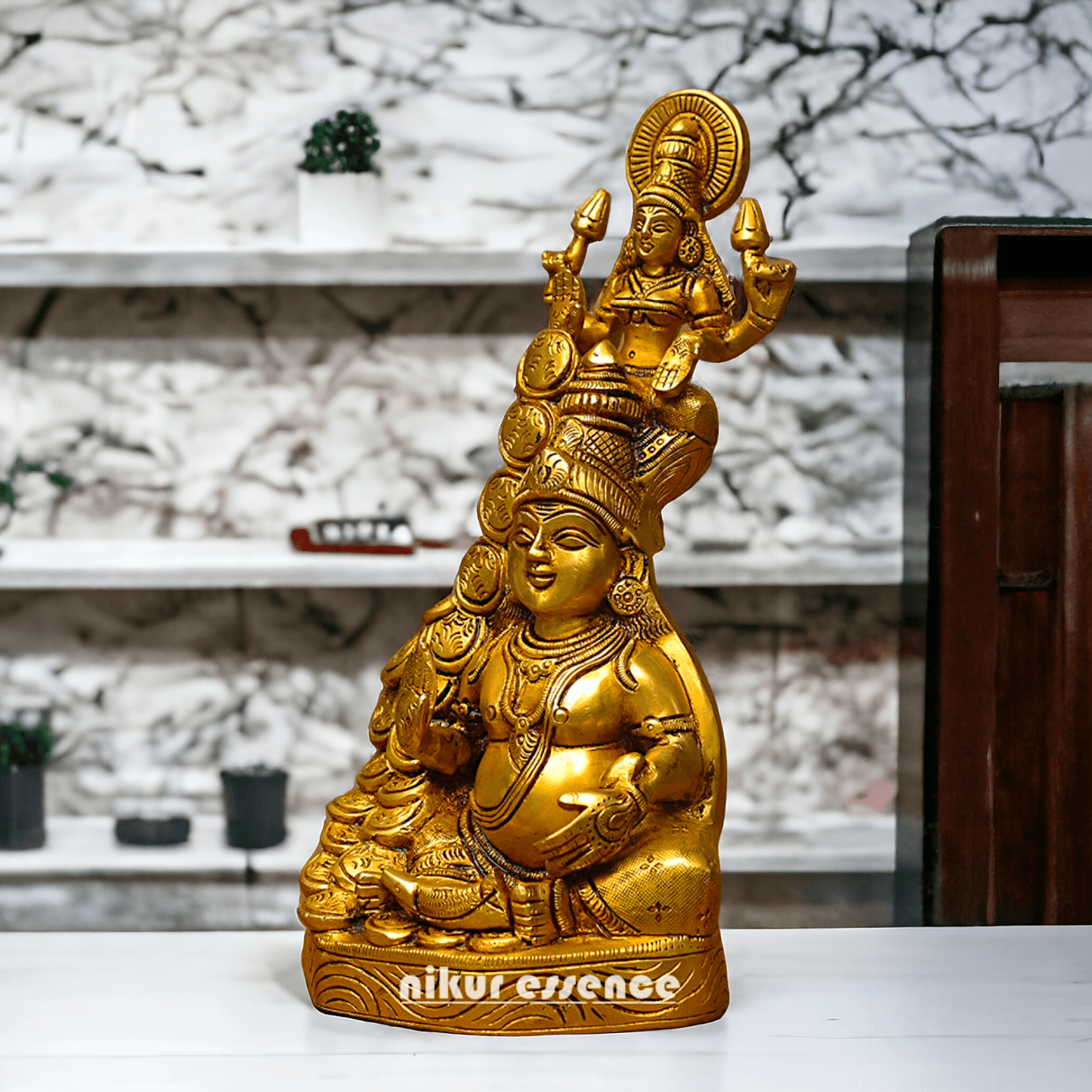 Brass Statue of Kuber and Goddess Laxmi - Majestic Hindu Deity Figurine for Prosperity, Wealth, and Abundance Idols Nikuressence