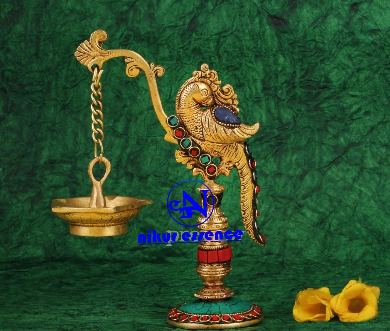 Peacock Oil Diya Lamp with Stone Work: A Stunning Piece of Art for Home Decor, Spiritual Growth, and Illumination