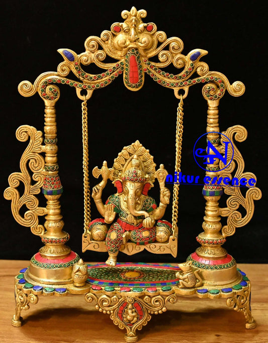 Online buy Brass Ganesha swing on Jhula with Kirtimukha at Top with beautiful Stone work Idols Nikuressence