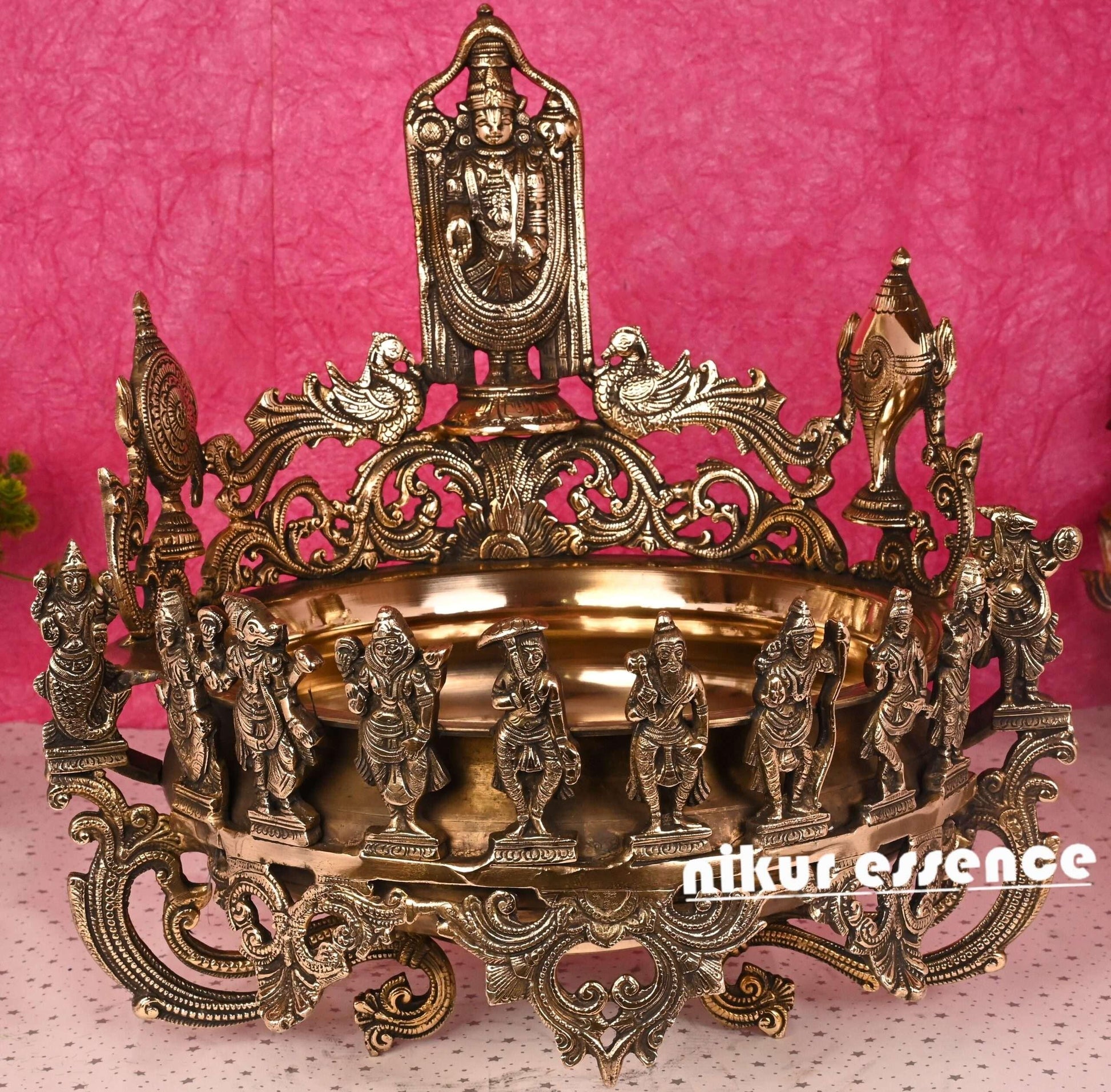 Antique Finish Brass Urli - A Stunning Depiction of Vishnu's Dus Avtar, Perfect for Spiritual Spaces Idols Nikuressence