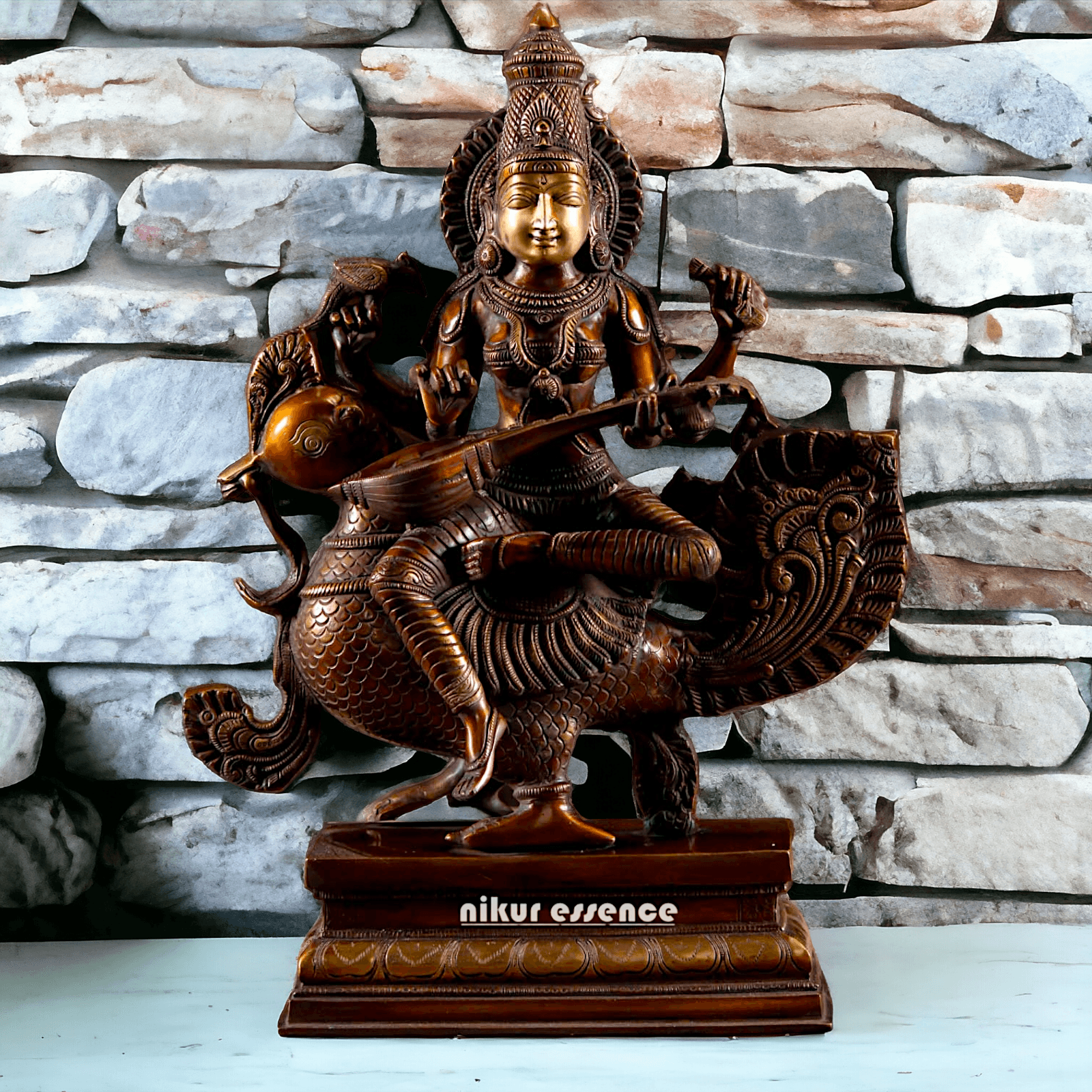 Saraswati Playing the Veena While Seated on a Grand Peacock, With a Parrot Gracefully Perched on Her Hand – Exquisite 20-Inch Handcrafted Figurine Idols Nikuressence