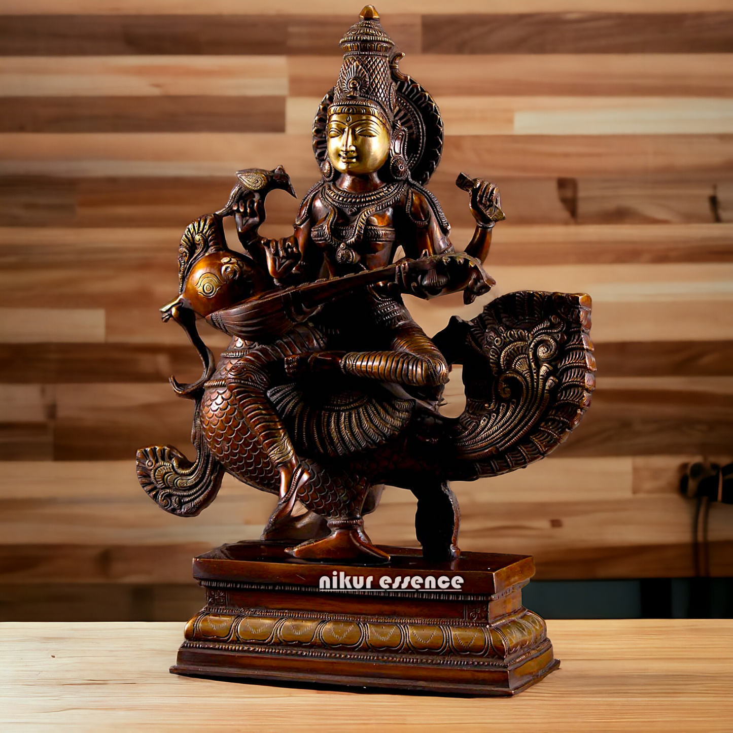 Saraswati Playing the Veena While Seated on a Grand Peacock, With a Parrot Gracefully Perched on Her Hand – Exquisite 20-Inch Handcrafted Figurine Idols Nikuressence