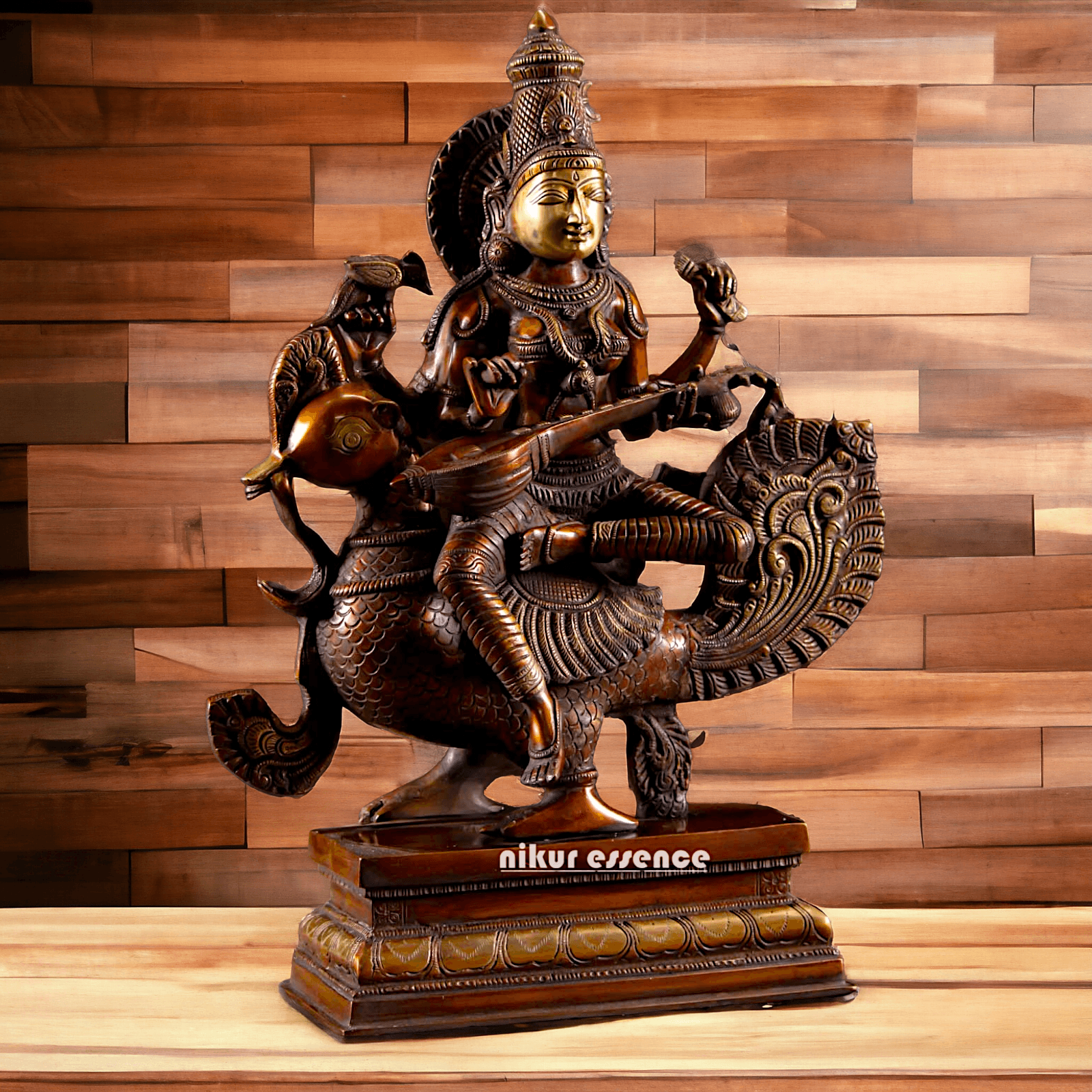 Saraswati Playing the Veena While Seated on a Grand Peacock, With a Parrot Gracefully Perched on Her Hand – Exquisite 20-Inch Handcrafted Figurine Idols Nikuressence