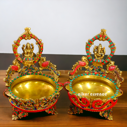 Online Brass Lakshmi Ganesh Urli with stone work - 10.5 cm Idols Nikuressence