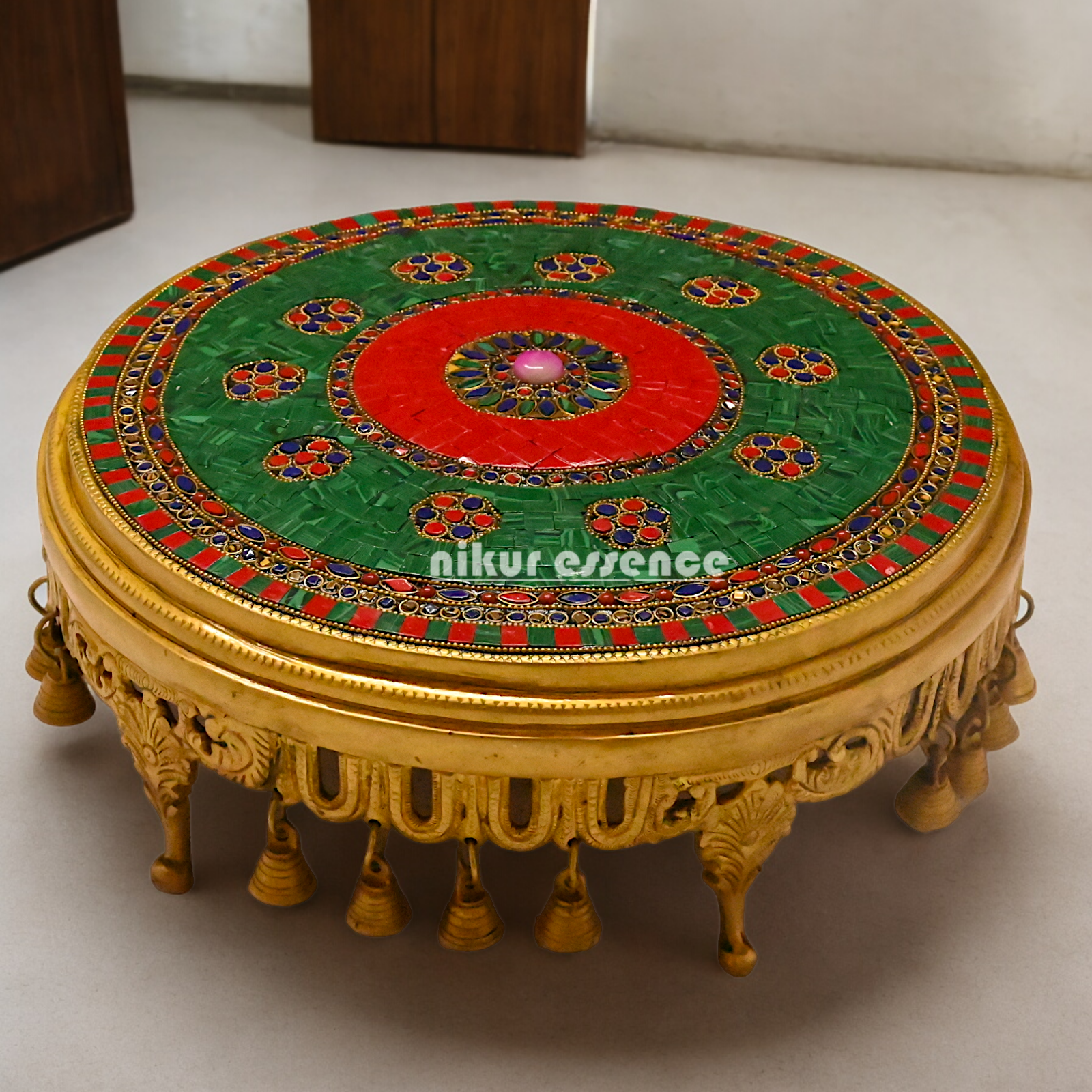 Pooja chowki with Bells Brass with Stone Work- 14 Inches