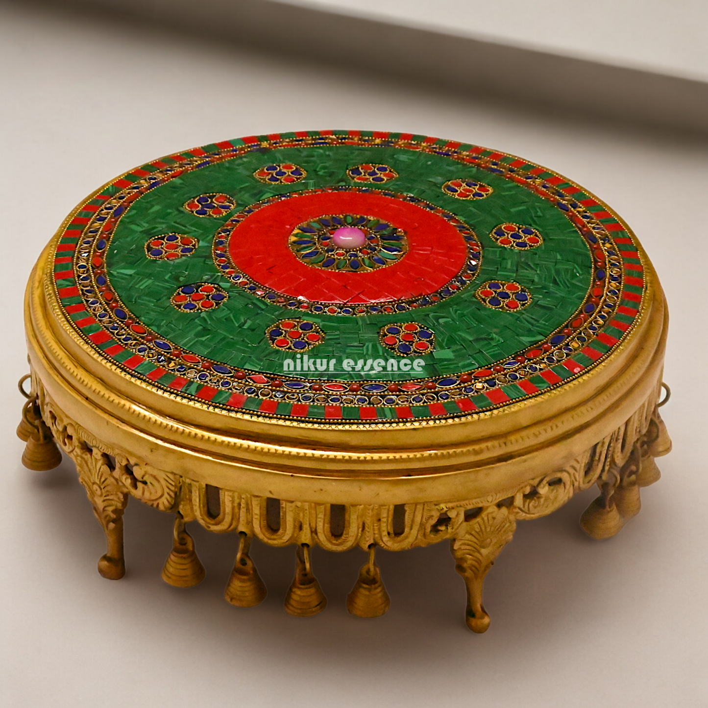 Pooja chowki with Bells Brass with Stone Work- 14 Inches