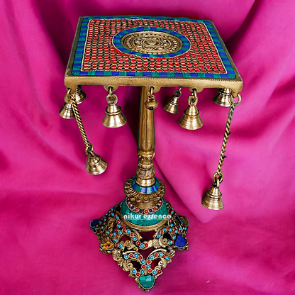 Brass Table Chowki Bells goongru with Stone Work - 14 inches