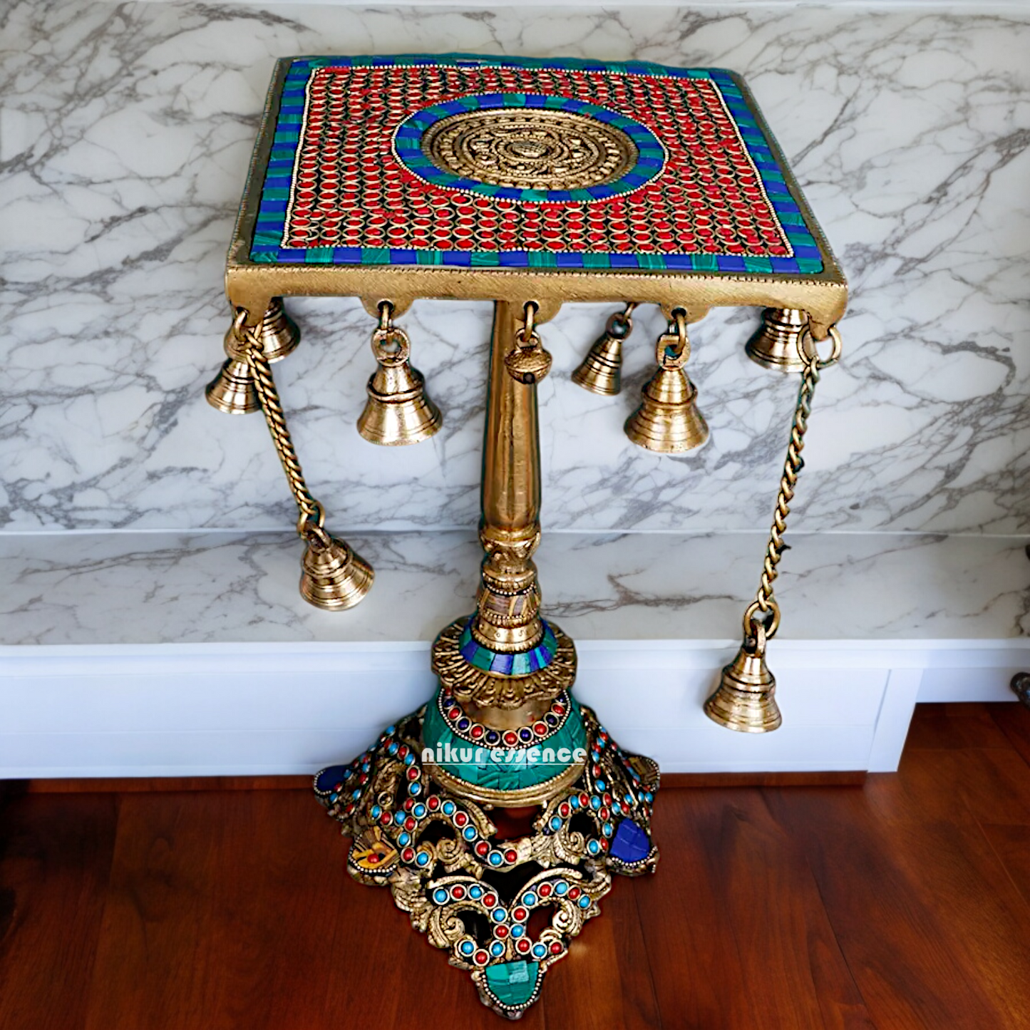 Brass Table Chowki Bells goongru with Stone Work - 14 inches