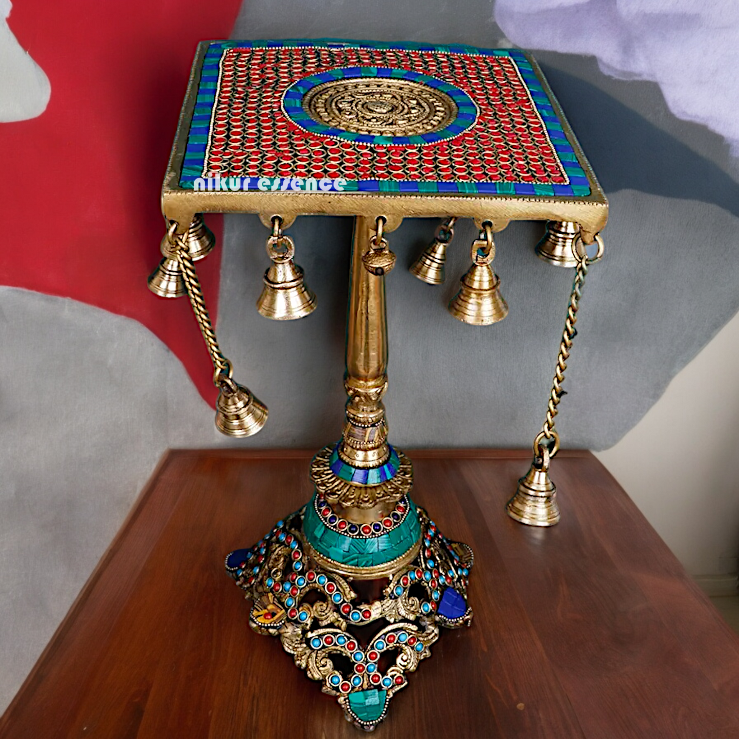 Brass Table Chowki Bells goongru with Stone Work - 14 inches