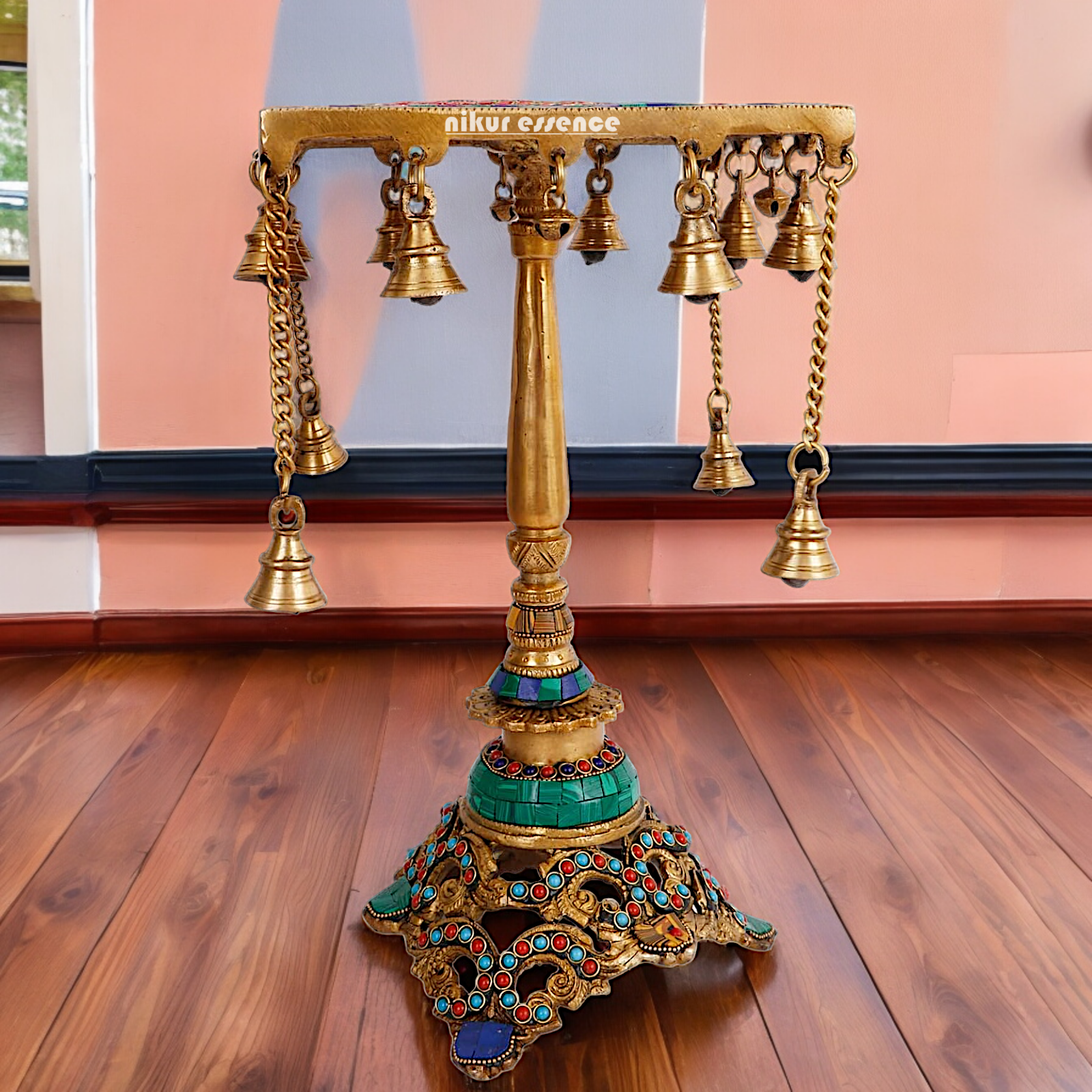 Brass Table Chowki Bells goongru with Stone Work - 14 inches