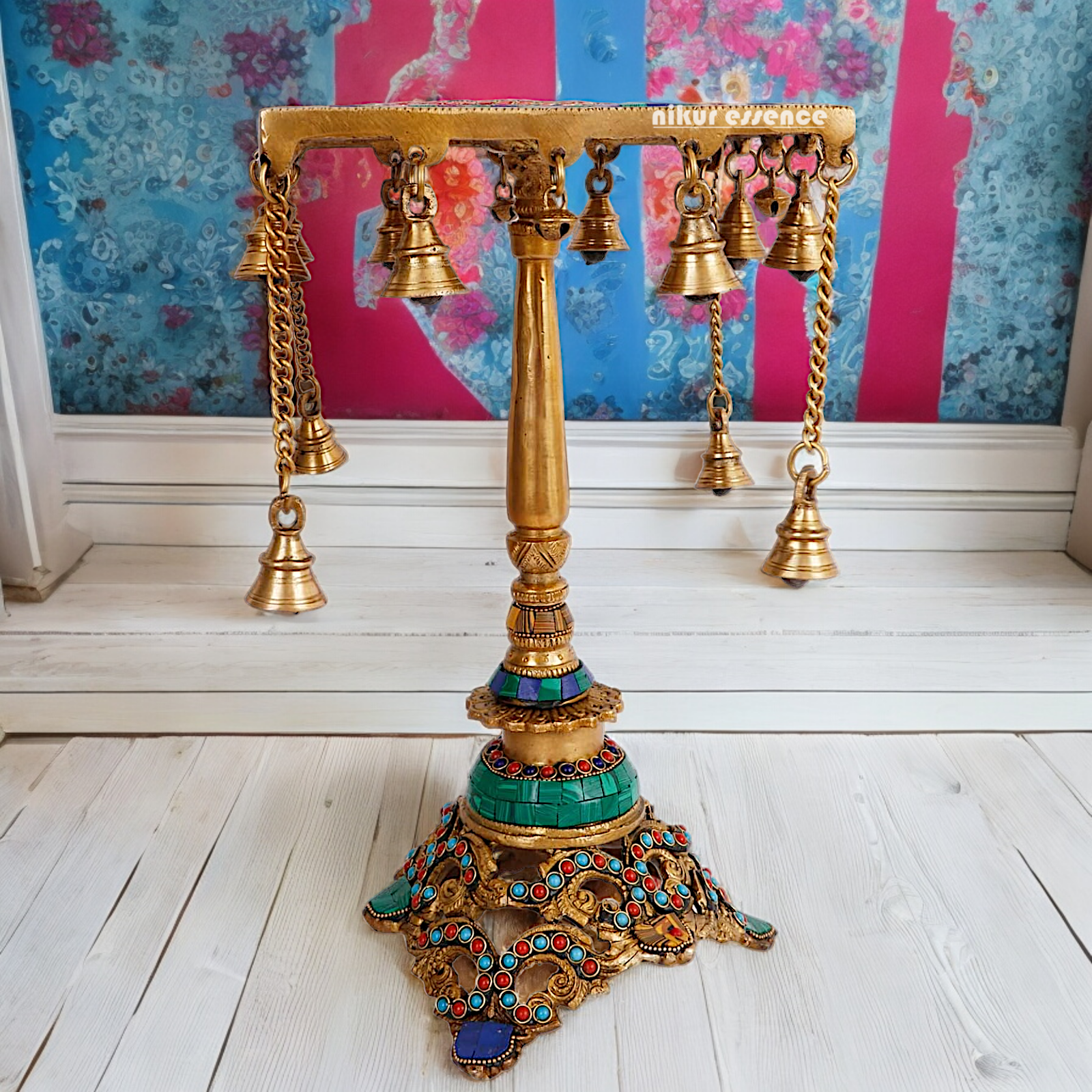 Brass Table Chowki Bells goongru with Stone Work - 14 inches